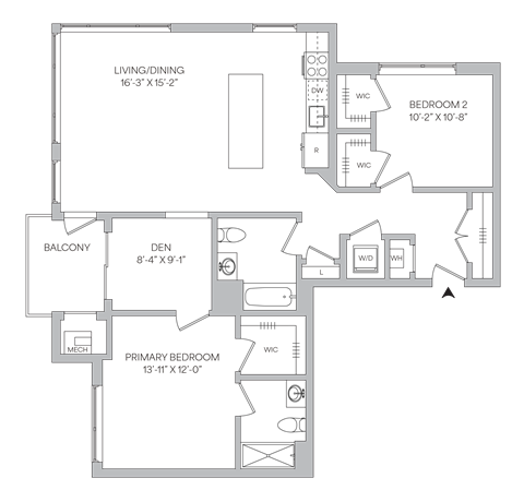 Floor plan for 2 beds, 2 baths, 1199 sqft